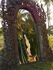 Naked girl photographer photographing her friend in the garden