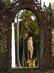 Naked girl photographer photographing her friend in the garden