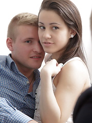 Beautiful brunette teen model satisfied by two horny guys