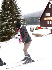 Skiing teenage sweethearts petting cunts at a giant chalet